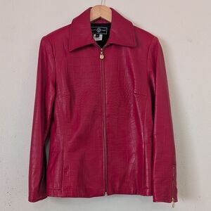 St. John Sport by Marie Gray Croc-Embossed Leather Jacket, Red, Size Small